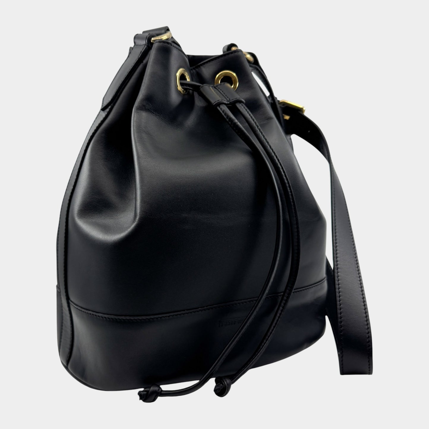 Edward Gilbert Black Leather Drawstring Bucket Shoulder Bag