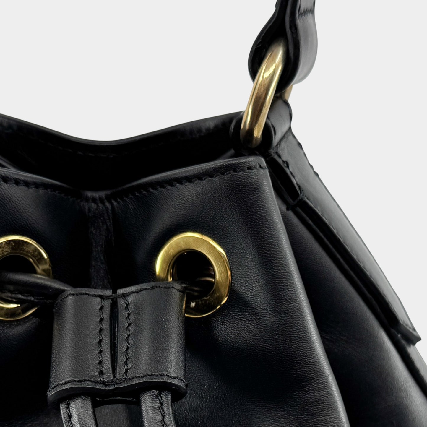 Edward Gilbert Black Leather Drawstring Bucket Shoulder Bag