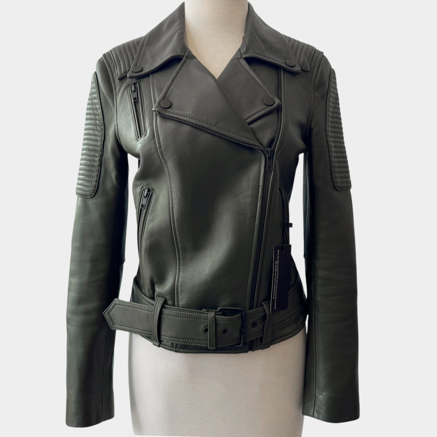 Ena Pelly Khaki Green Leather Biker Jacket AU8 ~ X Small