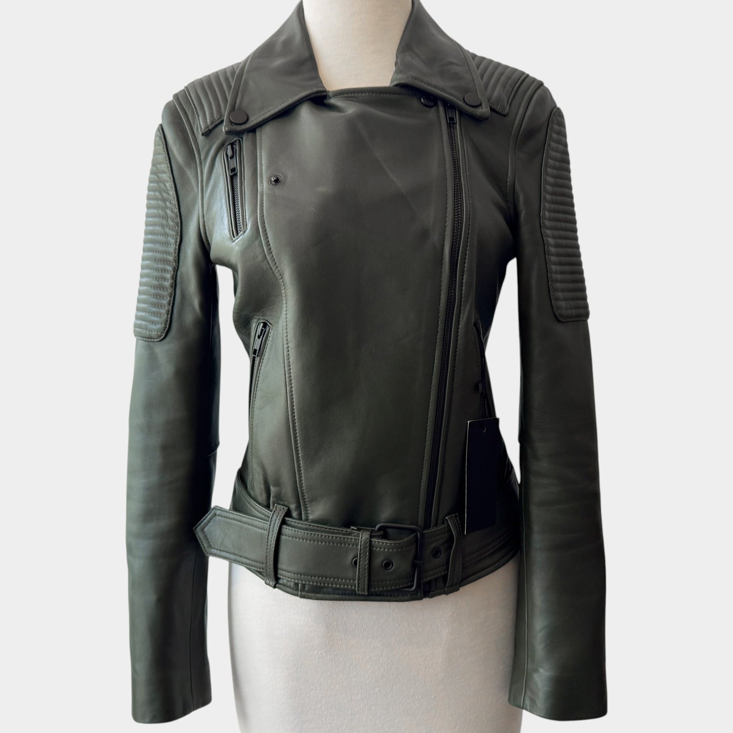 Ena Pelly Khaki Green Leather Biker Jacket AU8 ~ X Small