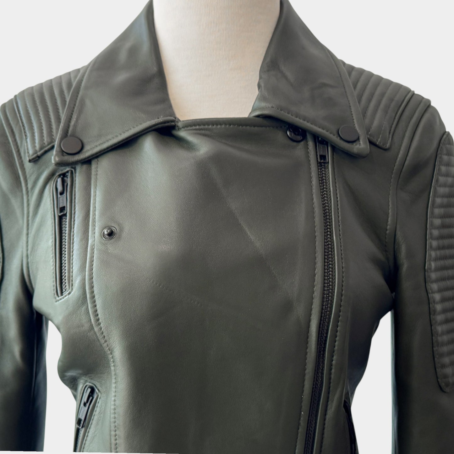 Ena Pelly Khaki Green Leather Biker Jacket AU8 ~ X Small