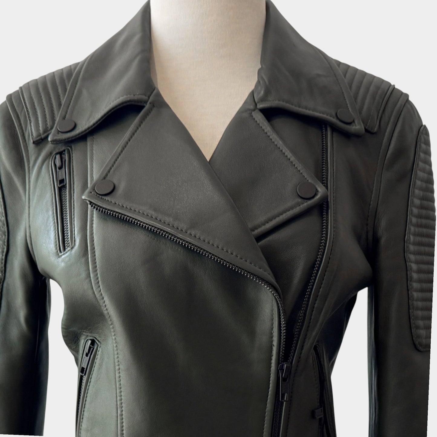 Ena Pelly Khaki Green Leather Biker Jacket AU8 ~ X Small