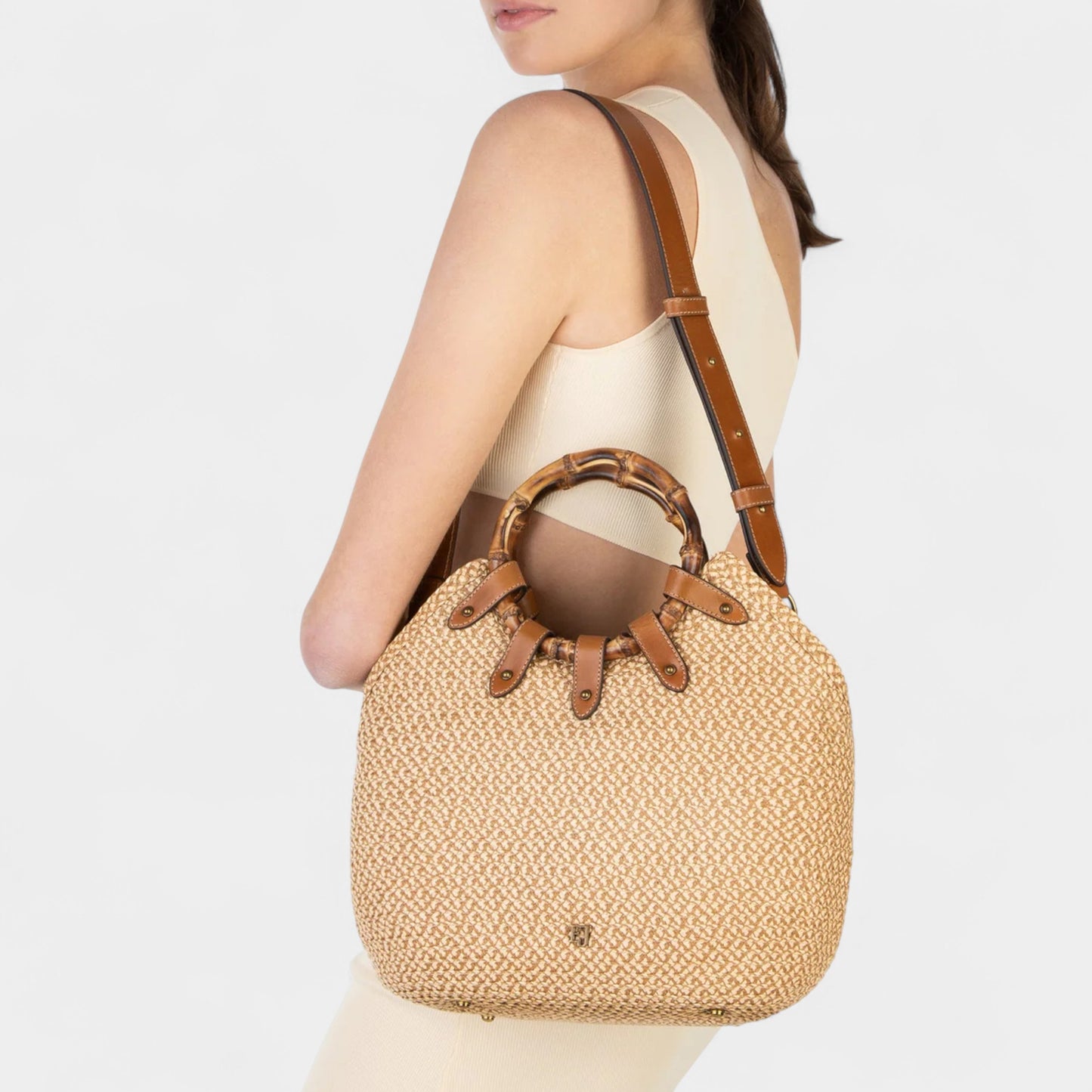 Eric Javits NY Beige Brown Bamboo Handle My Way Tote Bag