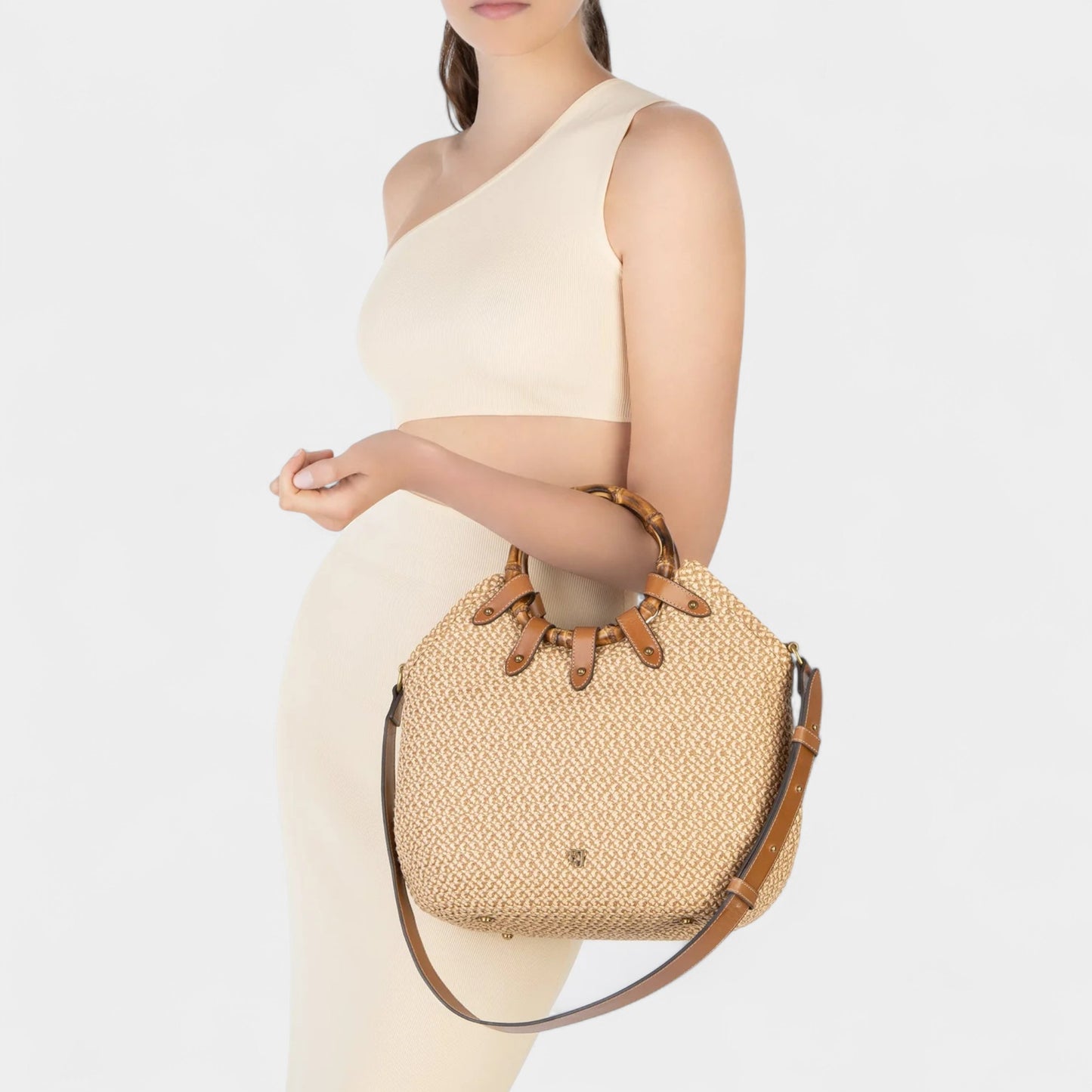 Eric Javits NY Beige Brown Bamboo Handle My Way Tote Bag