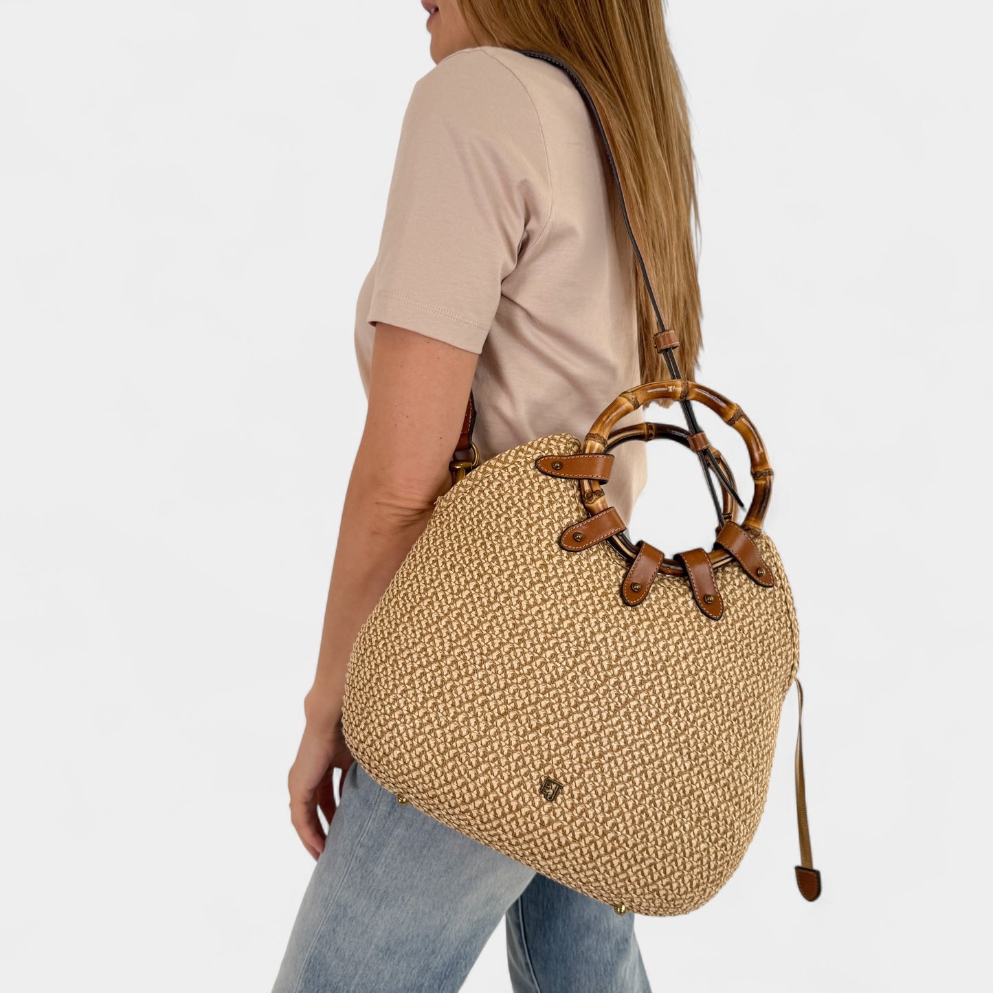 Eric Javits NY Beige Brown Bamboo Handle My Way Tote Bag