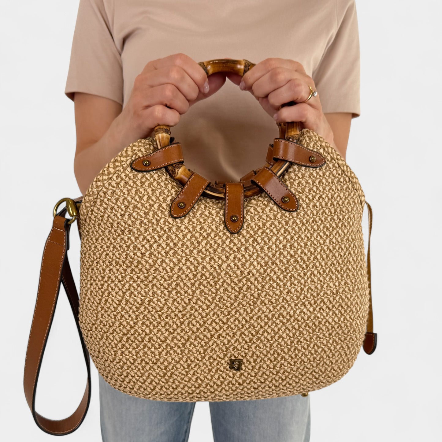 Eric Javits NY Beige Brown Bamboo Handle My Way Tote Bag