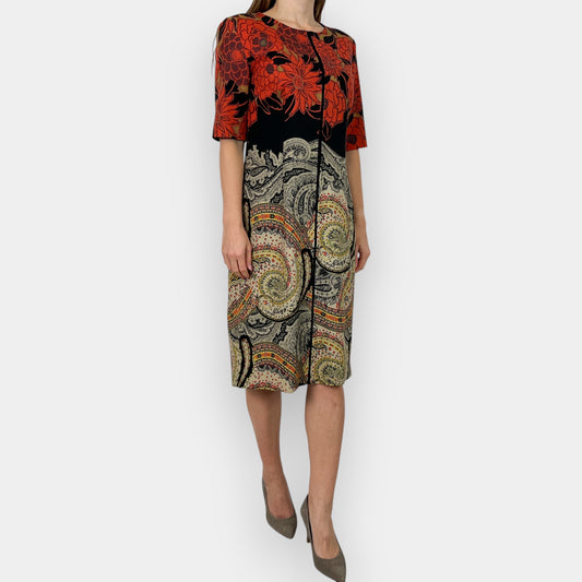 Etro Milano Red Black Floral Paisley Wool Straight Dress IT48 ~ AU14