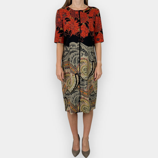 Etro Milano Red Black Floral Paisley Wool Straight Dress IT48 ~ AU14
