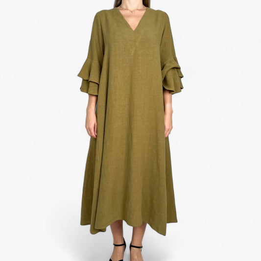 Eva's Sunday Prudence Olive Green Linen Dress Small ~ AU10