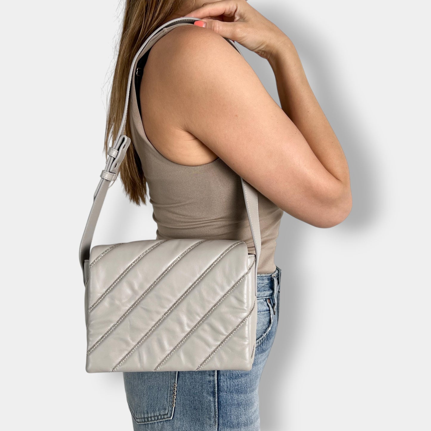 Fabiana Filippi Grey Quilted Embellished Shoulder Bag