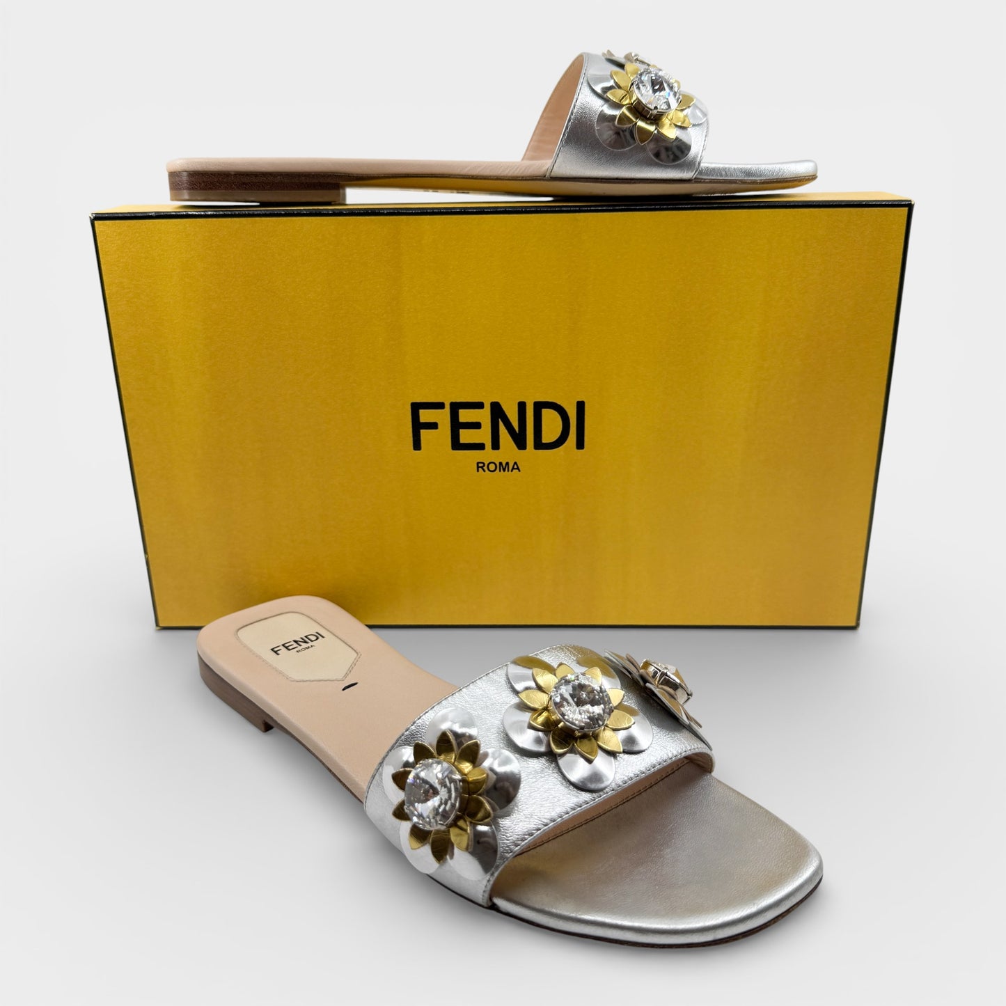 Fendi Silver Leather Gold Crystal Flowerland Mules Shoes EU38 ~ AU7