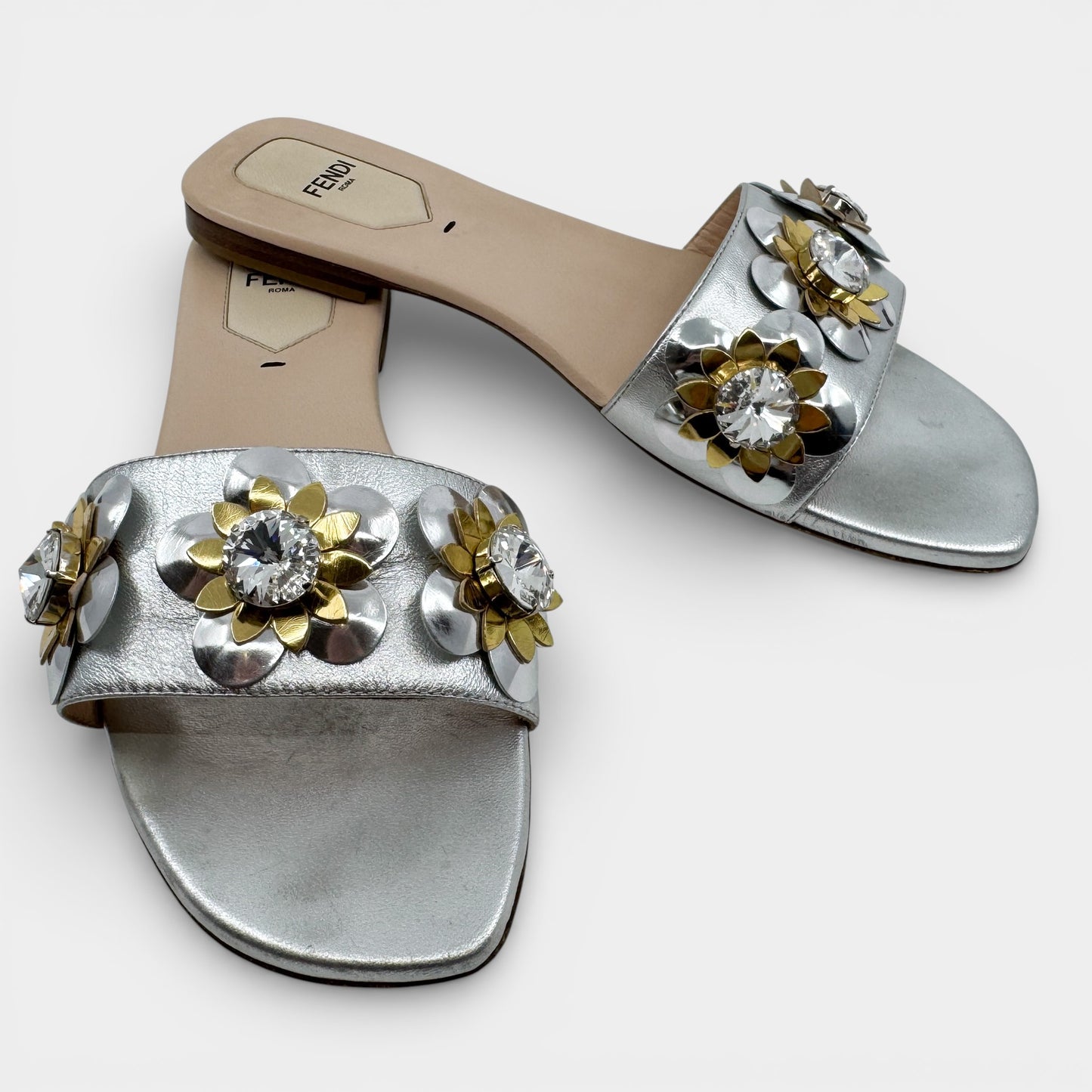 Fendi Silver Leather Gold Crystal Flowerland Mules Shoes EU38 ~ AU7