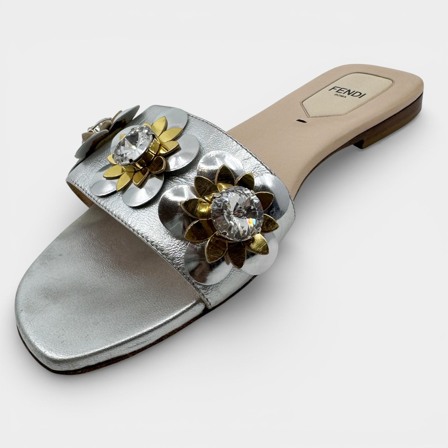 Fendi Silver Leather Gold Crystal Flowerland Mules Shoes EU38 ~ AU7
