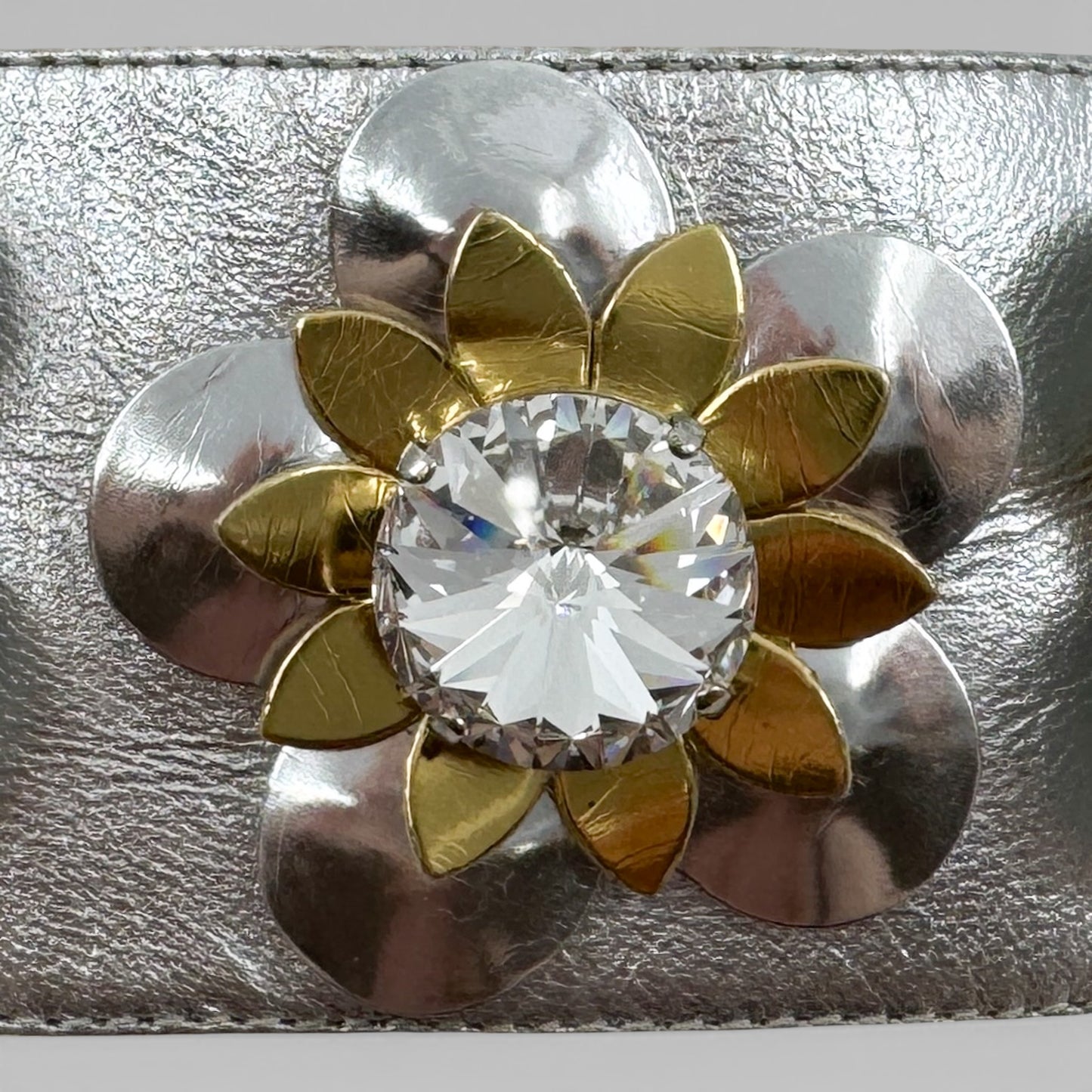 Fendi Silver Leather Gold Crystal Flowerland Mules Shoes EU38 ~ AU7