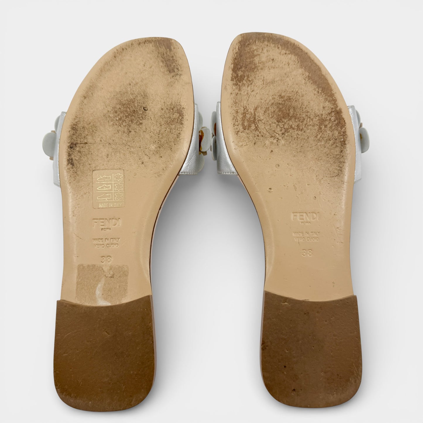 Fendi Silver Leather Gold Crystal Flowerland Mules Shoes EU38 ~ AU7