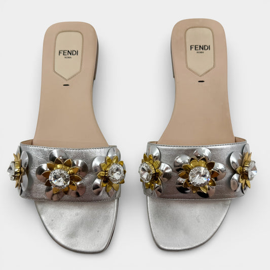 Fendi Silver Leather Gold Crystal Flowerland Mules Shoes EU38 ~ AU7