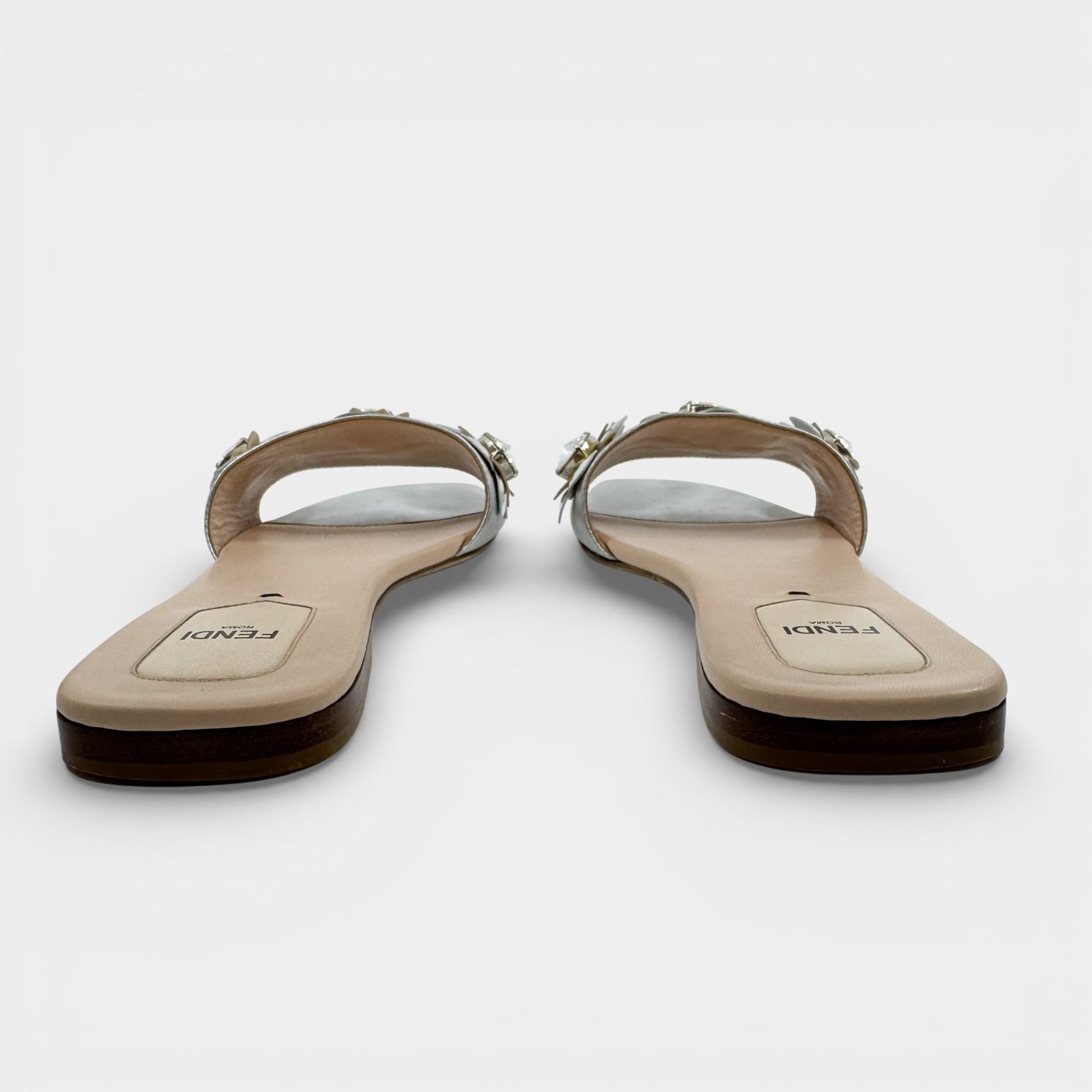 Fendi Silver Leather Gold Crystal Flowerland Mules Shoes EU38 ~ AU7