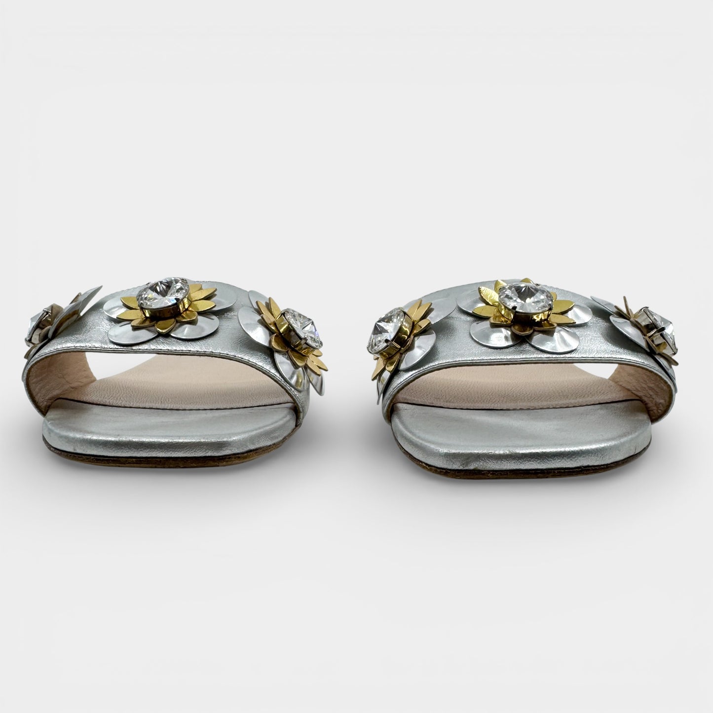 Fendi Silver Leather Gold Crystal Flowerland Mules Shoes EU38 ~ AU7