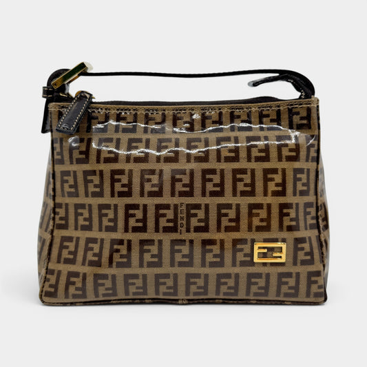 Fendi FF Zucchino Coated Canvas Leather Trim Zip Pouch Bag