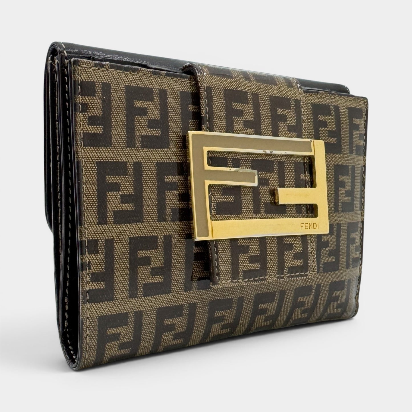 Fendi FF Zucchino Coated Canvas Brown Leather Trim Bifold Wallet
