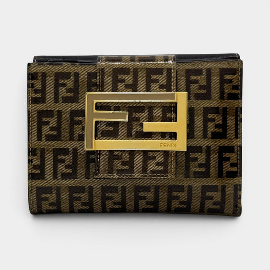 Fendi FF Zucchino Coated Canvas Brown Leather Trim Bifold Wallet
