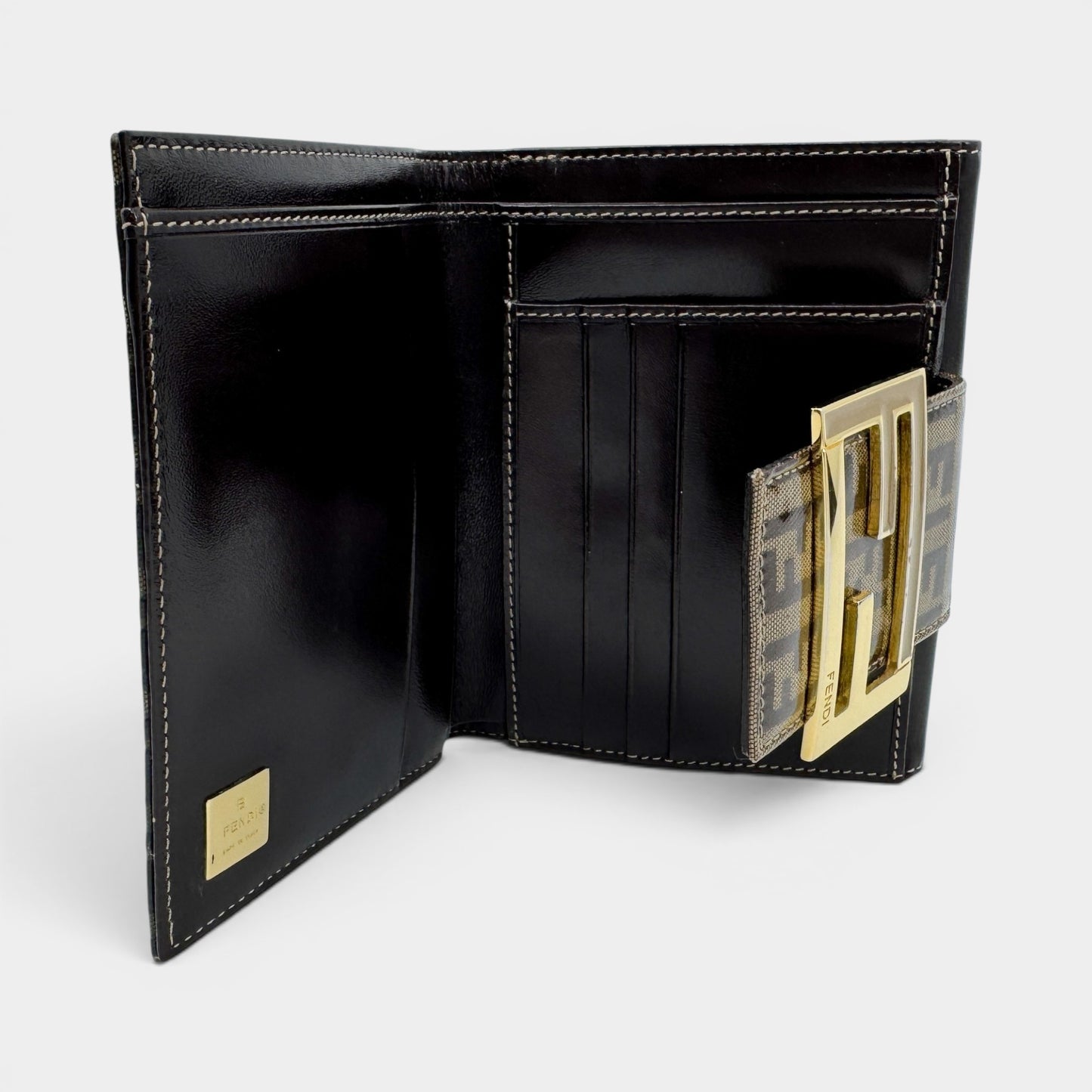 Fendi FF Zucchino Coated Canvas Brown Leather Trim Bifold Wallet