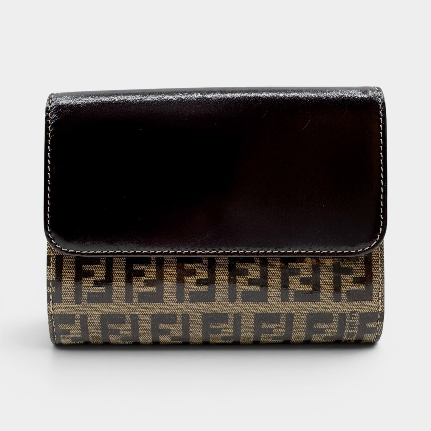 Fendi FF Zucchino Coated Canvas Brown Leather Trim Bifold Wallet