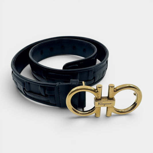 Salvatore Ferragamo Black Woven Leather Gancini Belt Small ~ AU8-10