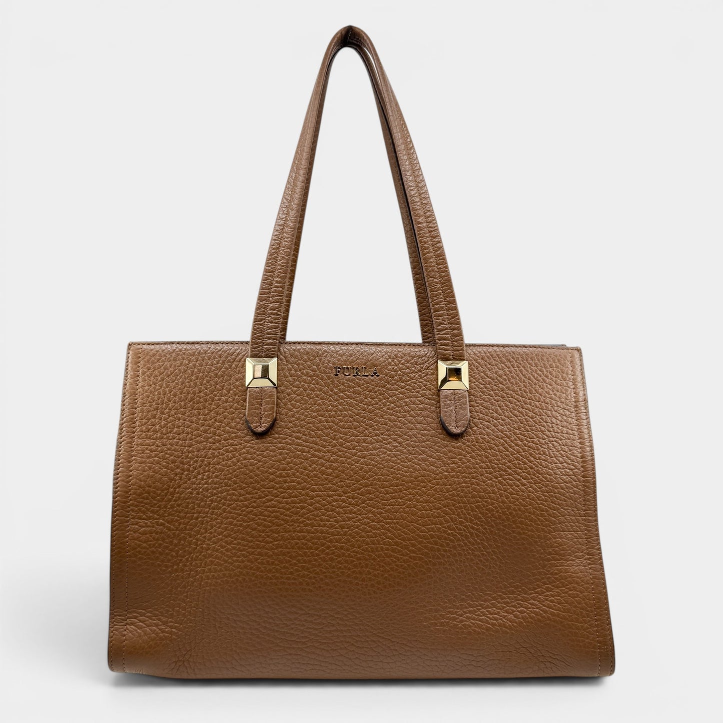 Furla Minerva Caramello Brown Pebbled Leather Tote Bag