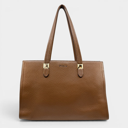 Furla Minerva Caramello Brown Pebbled Leather Tote Bag