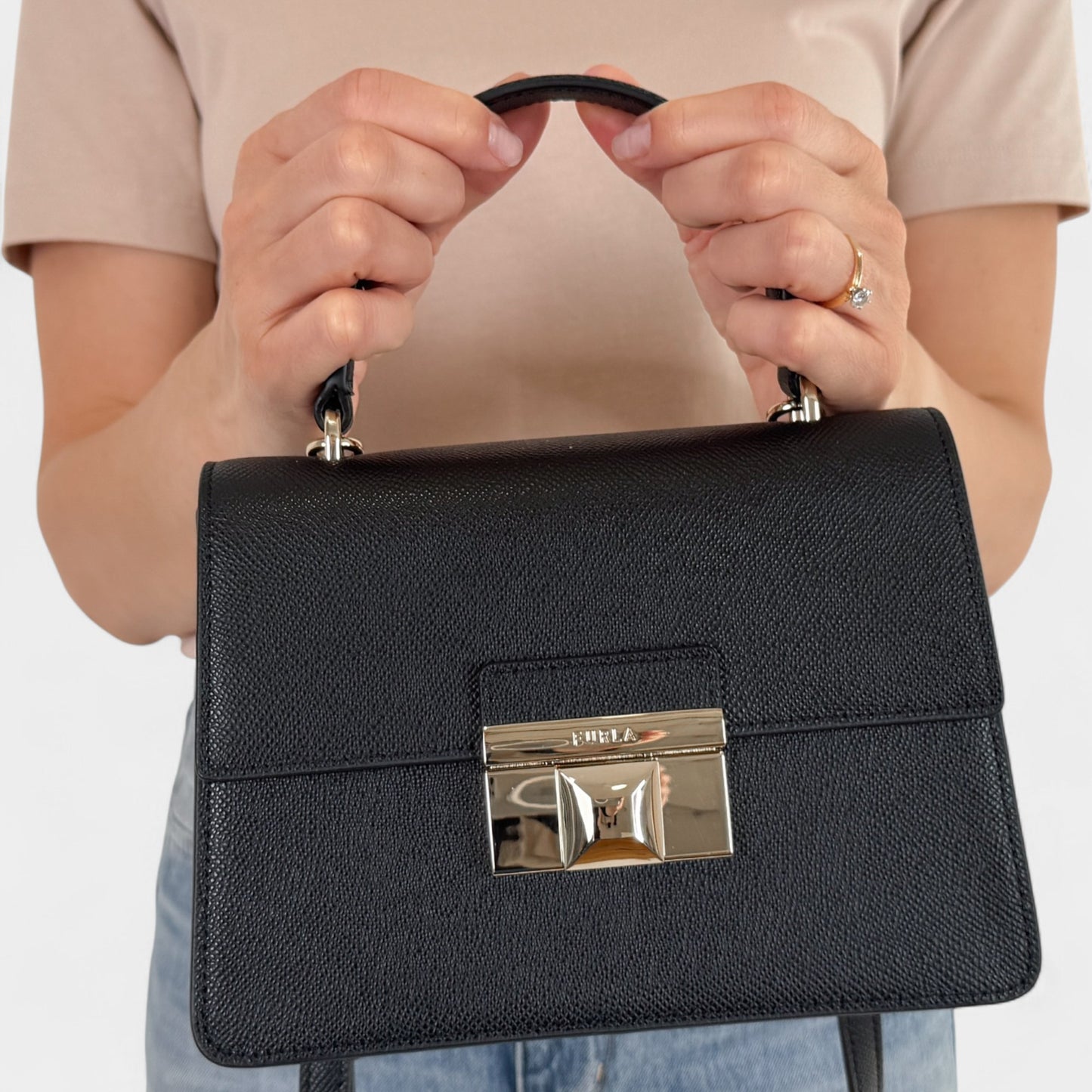 Furla Black Grainy Leather Venere Mini Crossbody Bag