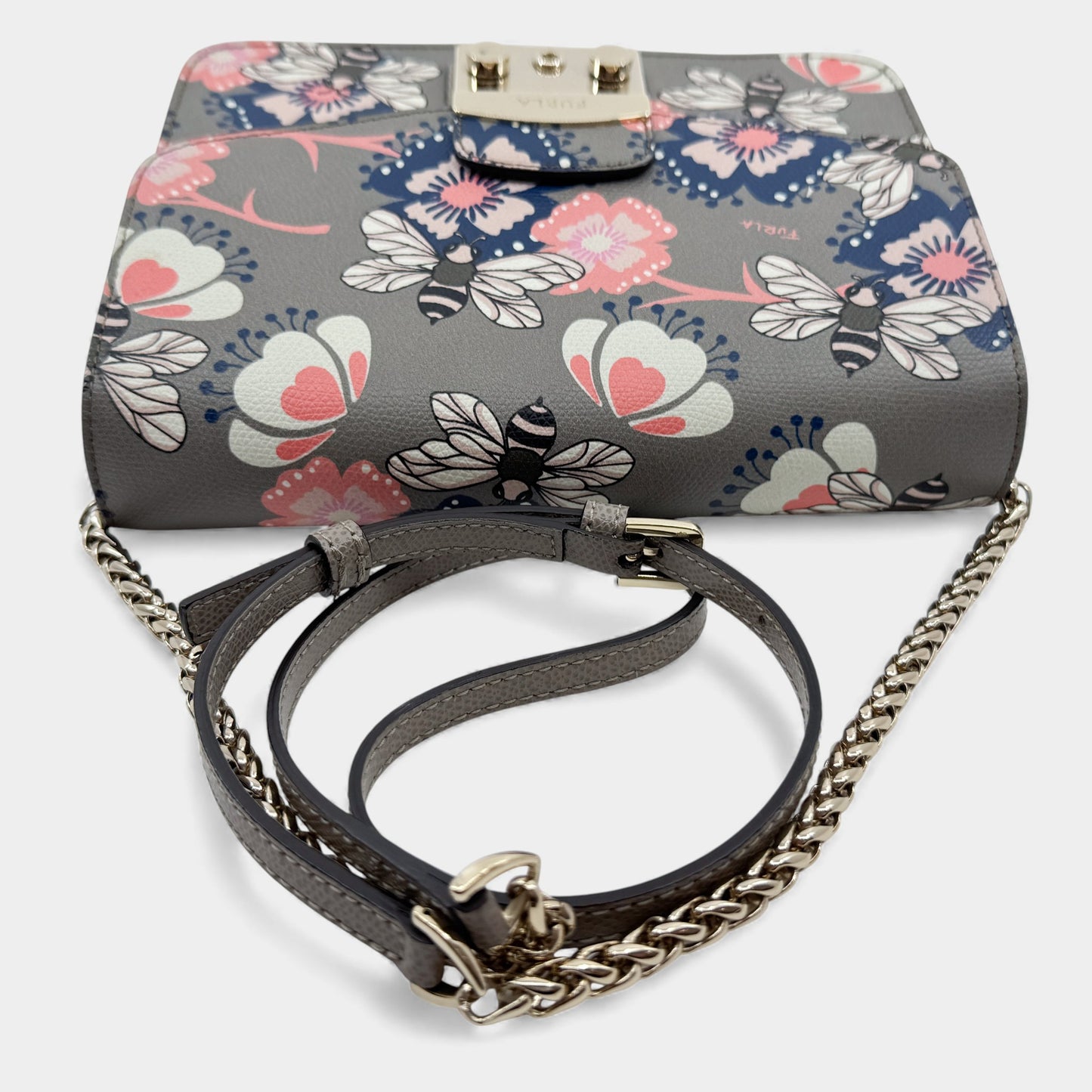 Furla Metropolis Taupe Pink Blue Floral Bees Crossbody Bag