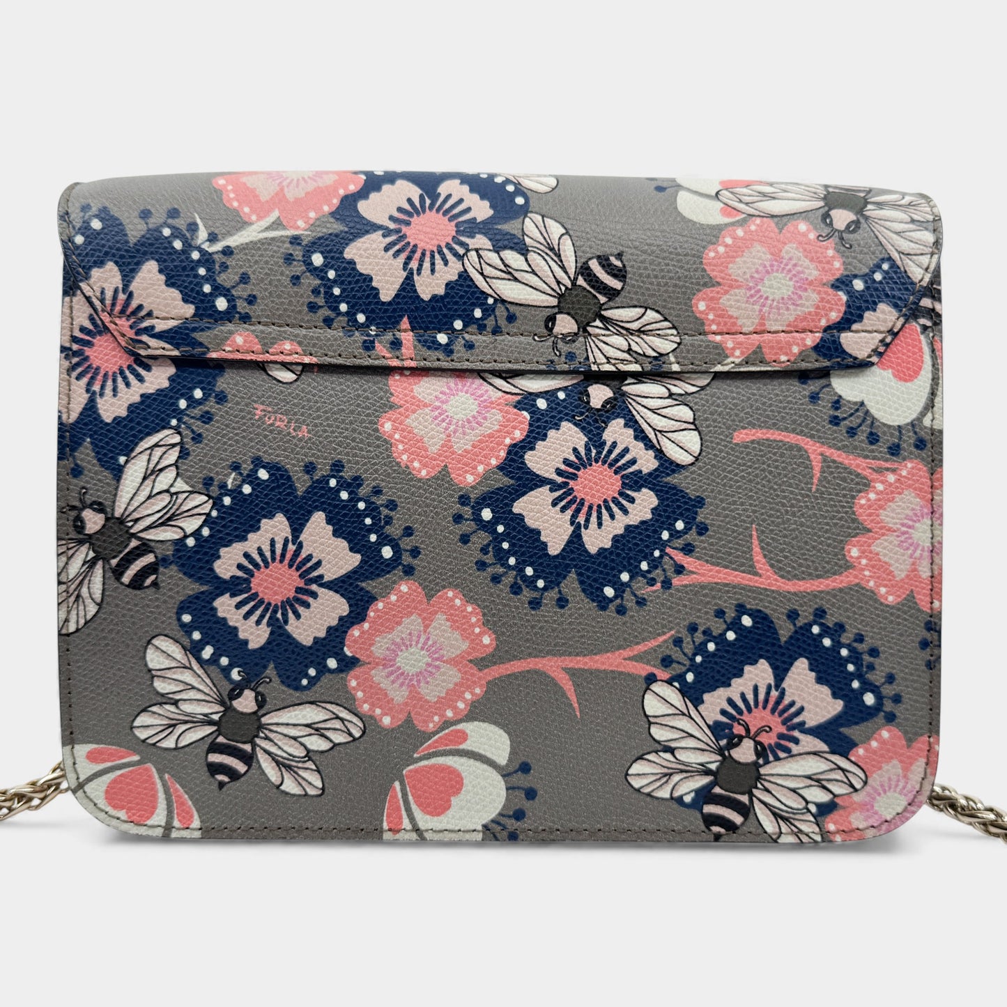 Furla Metropolis Taupe Pink Blue Floral Bees Crossbody Bag
