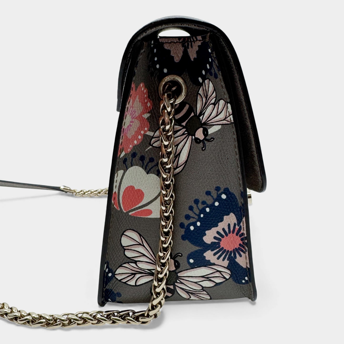 Furla Metropolis Taupe Pink Blue Floral Bees Crossbody Bag