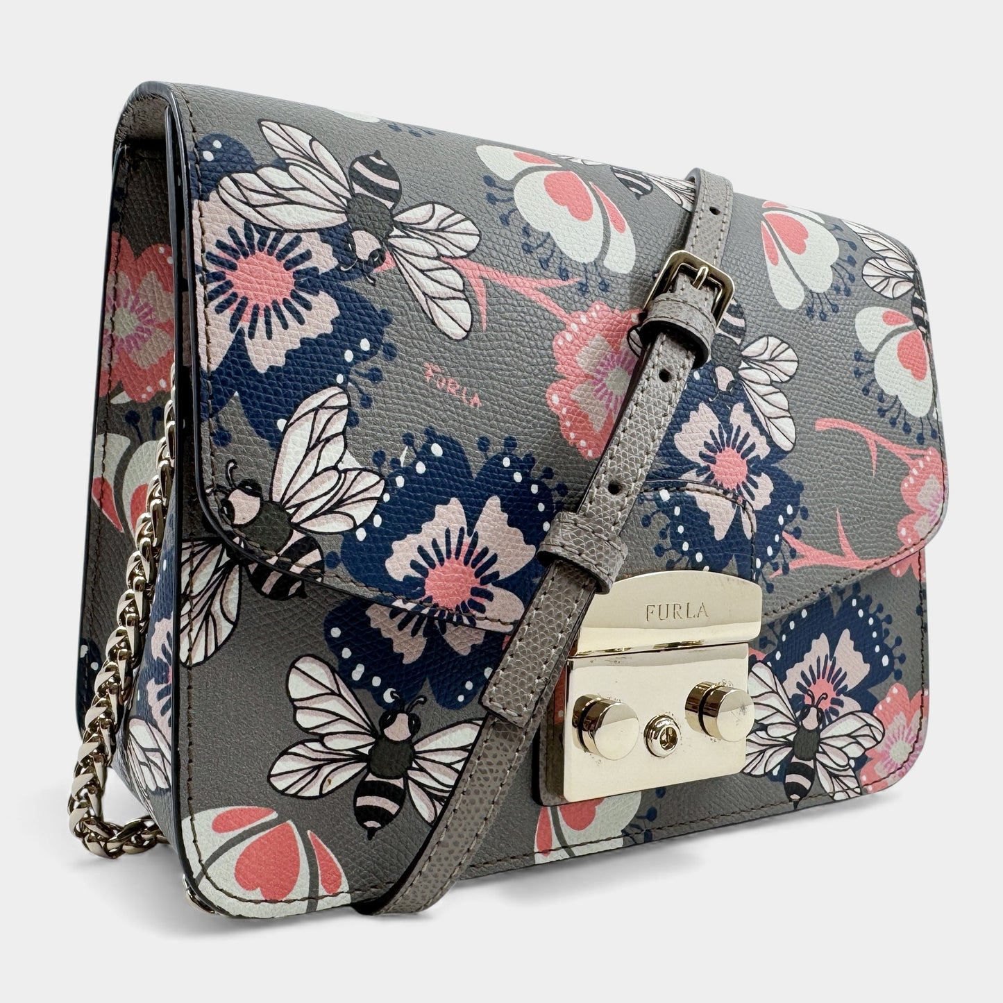 Furla Metropolis Taupe Pink Blue Floral Bees Crossbody Bag