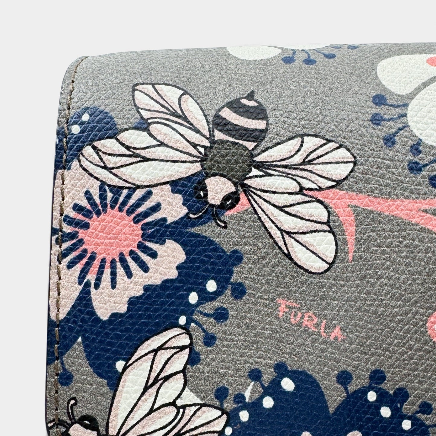 Furla Metropolis Taupe Pink Blue Floral Bees Crossbody Bag