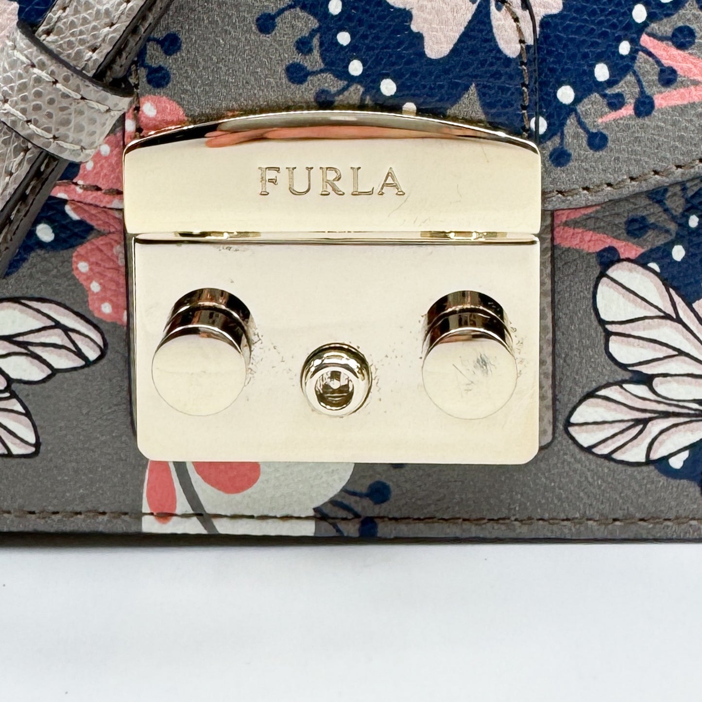 Furla Metropolis Taupe Pink Blue Floral Bees Crossbody Bag