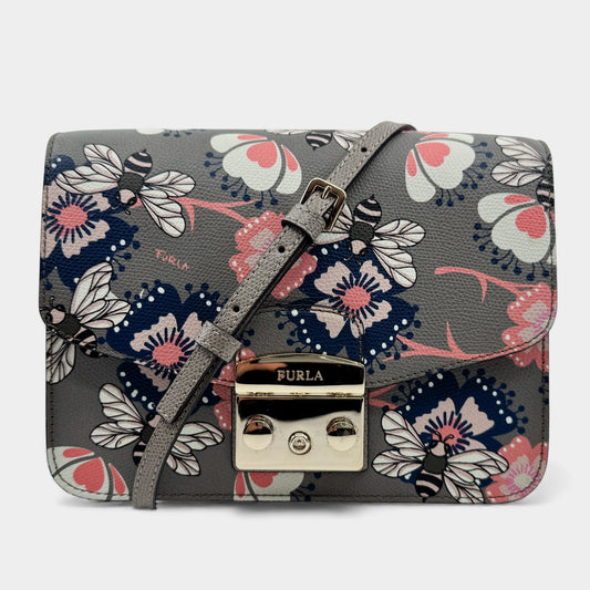 Furla Metropolis Taupe Pink Blue Floral Bees Crossbody Bag