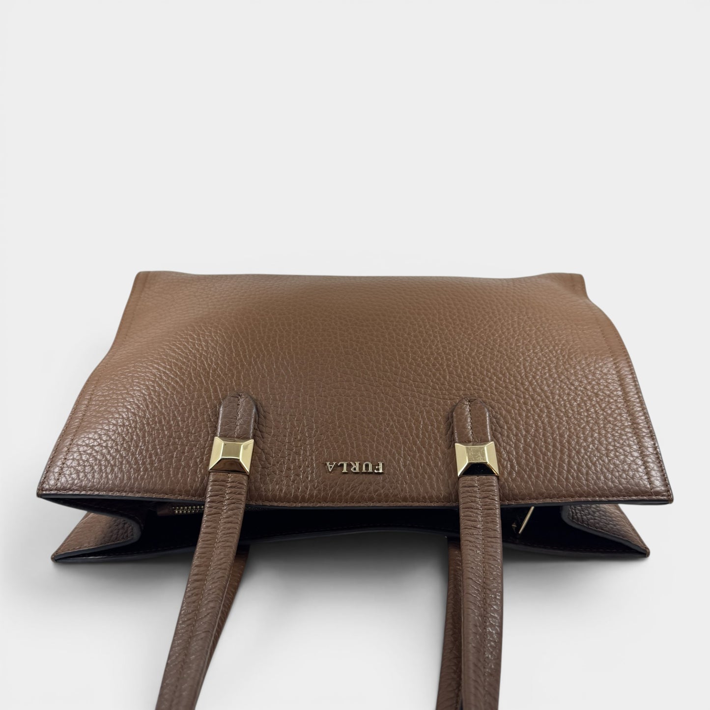 Furla Minerva Caramello Brown Pebbled Leather Tote Bag