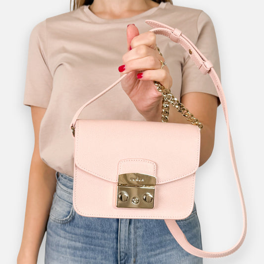 Furla Pale Pink Leather Mini Metropolis Crossbody Bag