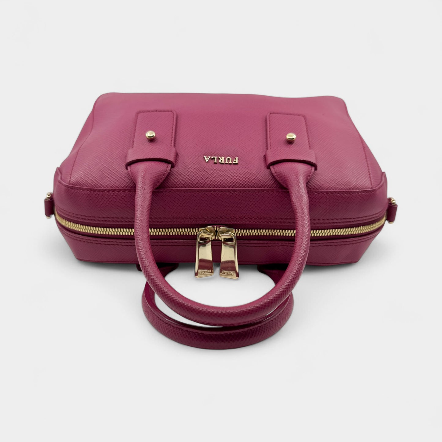 Furla Fuschia Pink Saffiano Leather Allegra Bowling Handbag