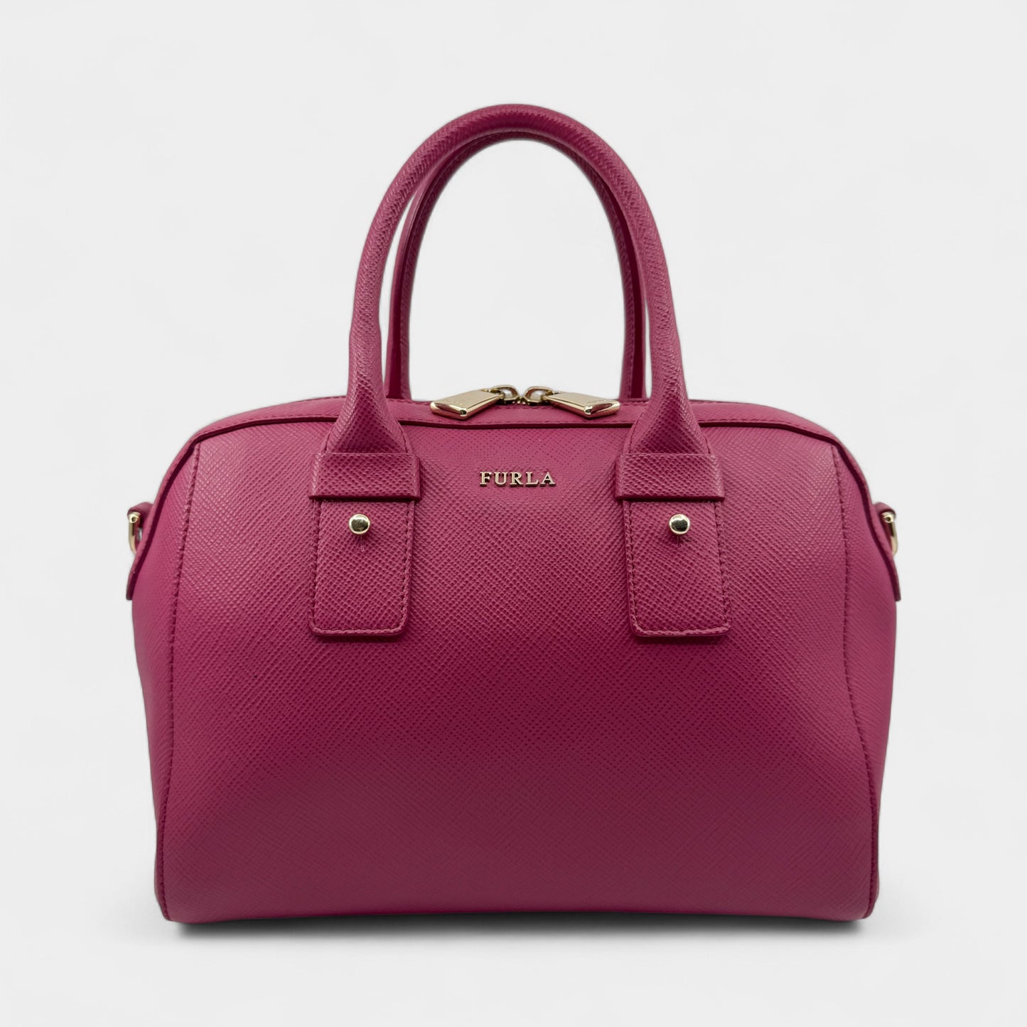 Furla Fuschia Pink Saffiano Leather Allegra Bowling Handbag
