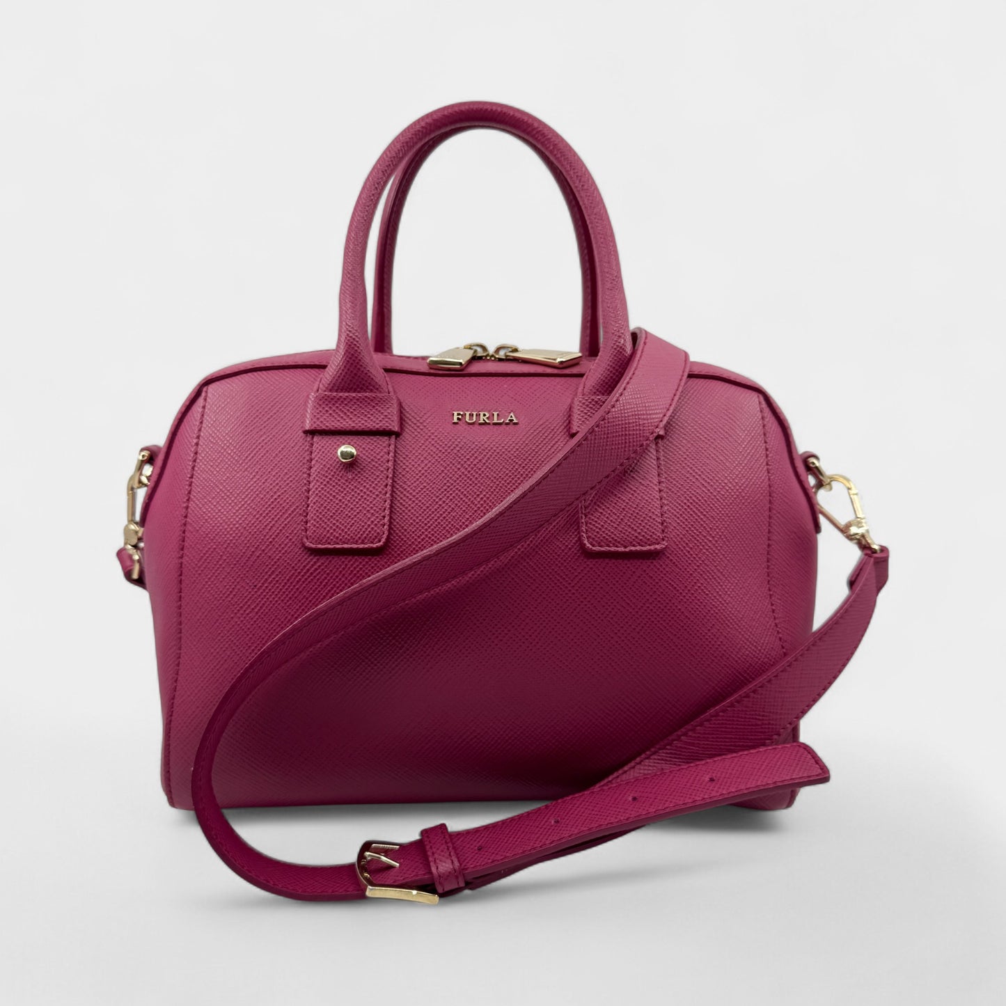 Furla Fuschia Pink Saffiano Leather Allegra Bowling Handbag