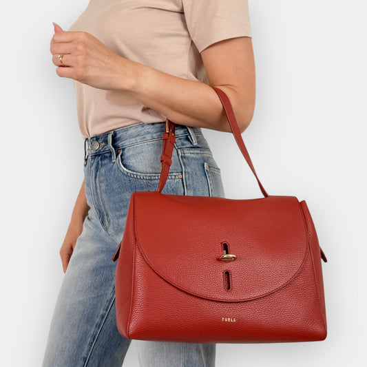 Furla Deep Red Grainy Leather Net Large Top Handle Bag