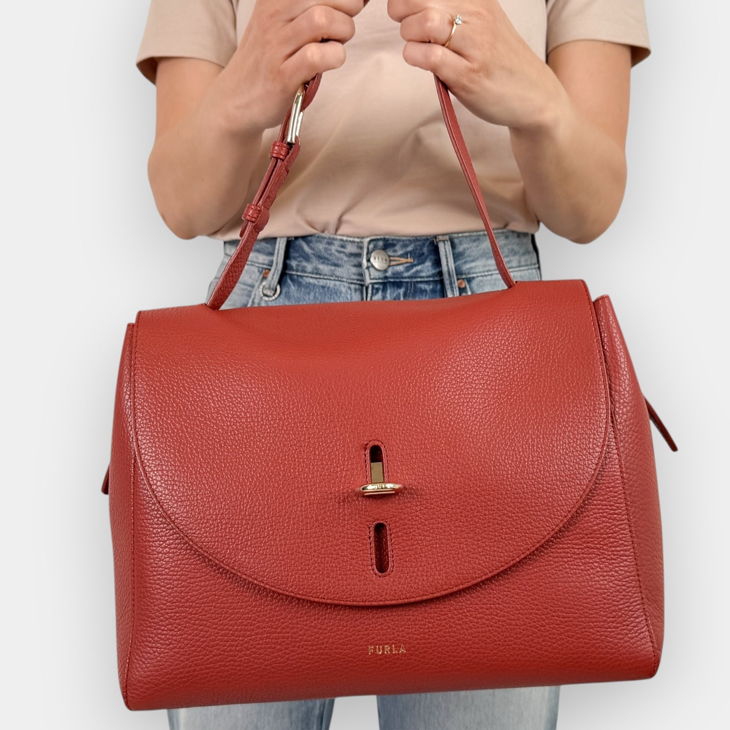 Furla Deep Red Grainy Leather Net Large Top Handle Bag
