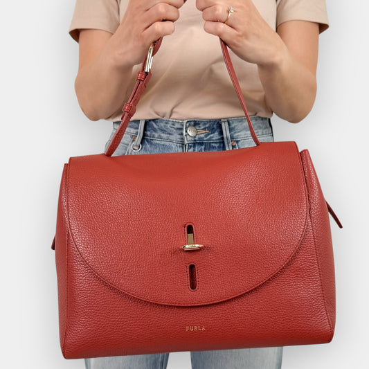 Furla Deep Red Grainy Leather Net Large Top Handle Bag
