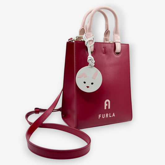Furla Red Leather Varsity Style Rabbit Charm Mini Tote Bag