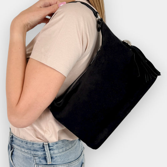 Vintage Furla Black Suede and Leather Top Handle Zip Bag