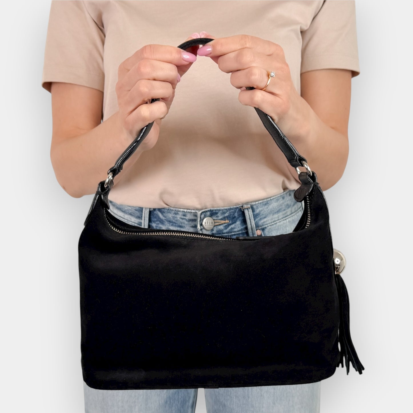 Vintage Furla Black Suede and Leather Top Handle Zip Bag