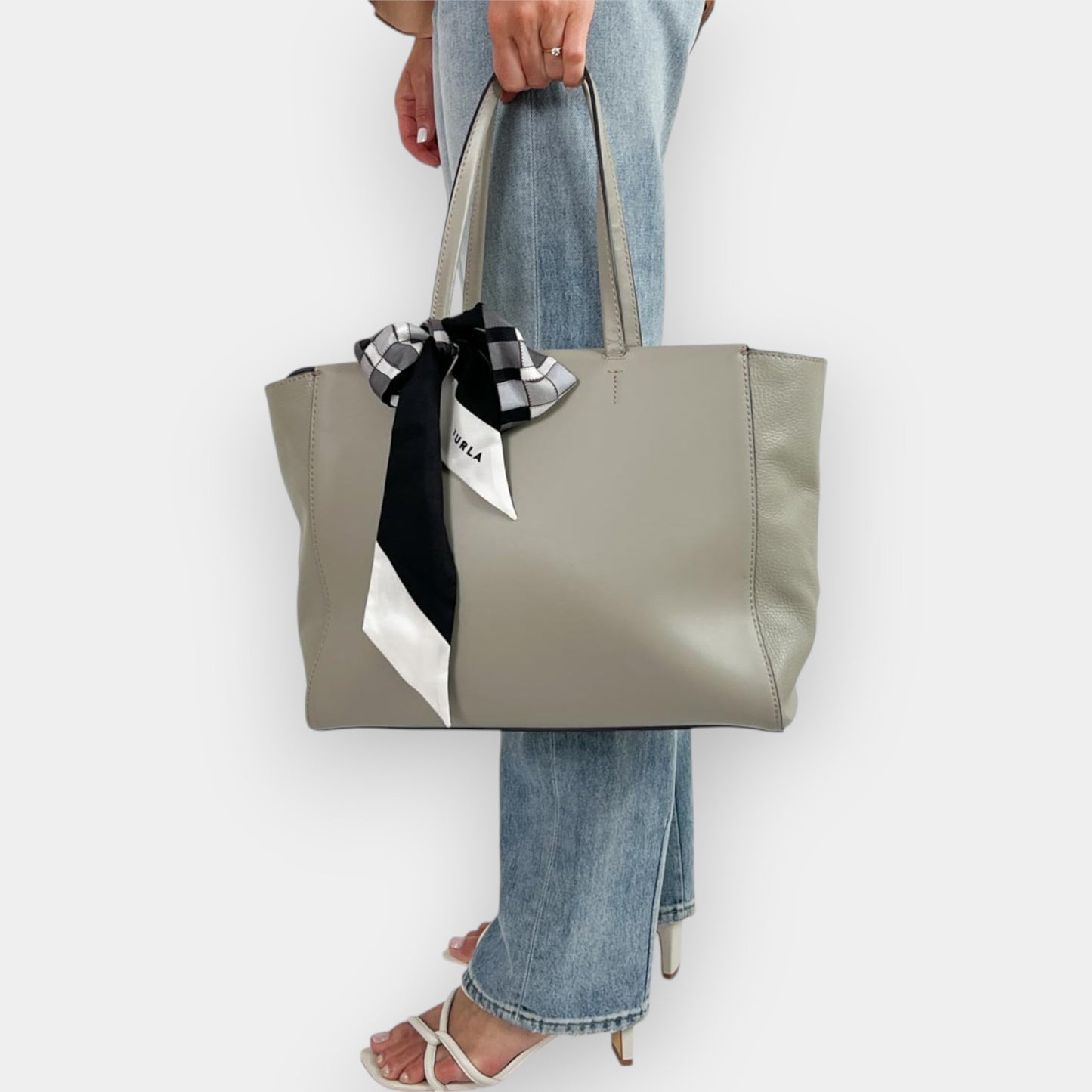 Furla Sage Green Grey Leather Tote Bag With Furla Silk Scarf